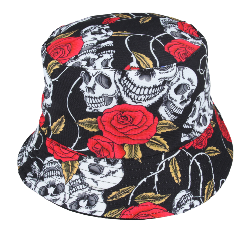 Maz Reversible Rock Skull Roses Pattern Bucket Fisherman Hat - Black