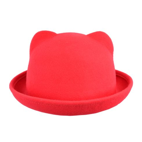 Maz Vintage Roll Rim Cute Cat Ears soft Bowler Hat - Red