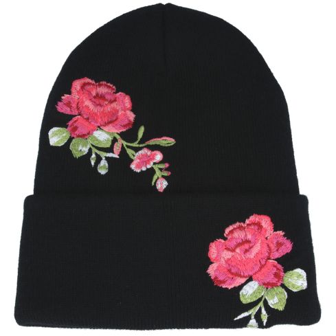 Maz Flower Embroidery Beanie - Black