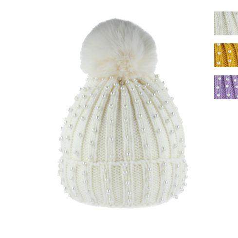 Maz Pear Knitted Beanie With Faux Fur Pom pom & Warm Liner - Multi Colours