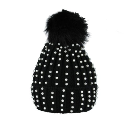Maz Pear Knitted Beanie With Faux Fur Pom & Warm Liner - Black