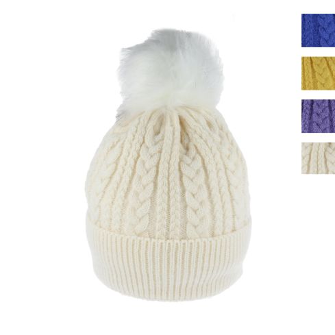 Maz Cable Knitted Beanies with Faux Fur Pom Pom & Warm Liner - Multiple Colours  