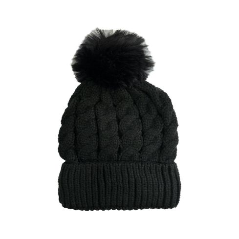 Maz Cable Knitted Beanie With Faux Fur  Pom Pom - Black