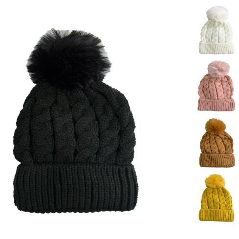 Maz Cable Knitted Beanie With Faux Fur  Pom Pom - Mix Colours