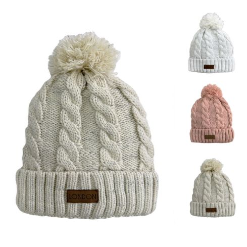 Maz London Patch Pom Pom Cable Knit Beanies With Warm Liner - Multiple Colours