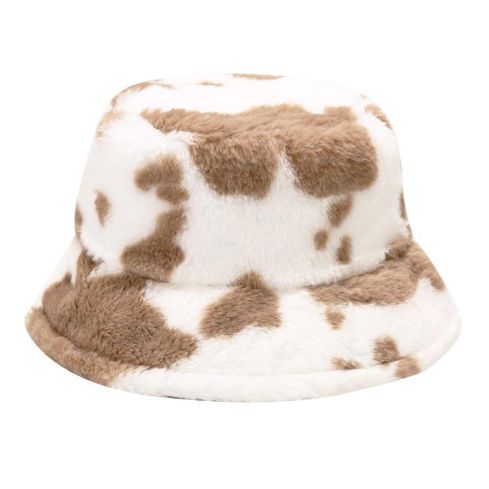 Maz Cow Print Fluffy Faux Fur Bucket Hat - Brown