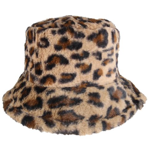 Maz Leopard Fluffy Faux Fur Bucket Hat - Leopard