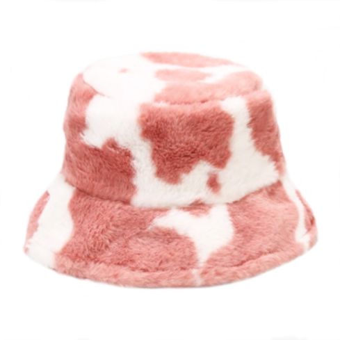 Maz Cow Print Fluffy Faux Fur Bucket Hat - Pink