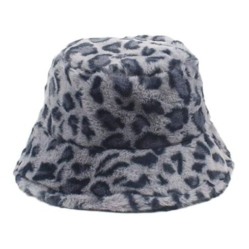 Maz Leopard Fluffy Faux Fur Bucket Hat - Grey