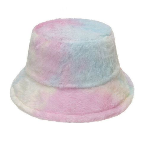 Maz Tie Dye Pattern Fluffy Faux Fur Bucket Hat - Pink