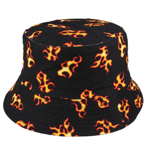 Flame Pattern Summer Cotton Fisherman Bucket Hat - Black 