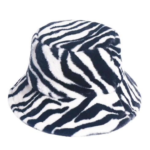 Maz Zebra Print Fluffy Faux Fur Bucket Hat - Black