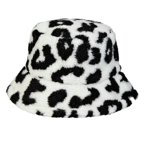 Maz Cheetah Print Fuzzy Fluffy Fur Bucket Hat - Black