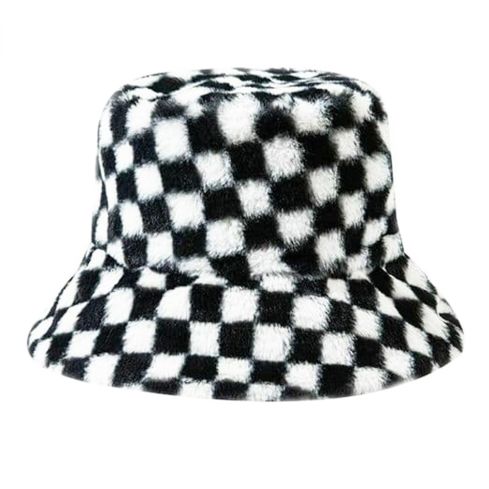Maz Checkerboard Fluffy Faux Fur Bucket Hat - Black