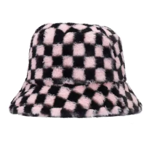 Maz Checkerboard Fluffy Faux Fur Bucket Hat - Pink
