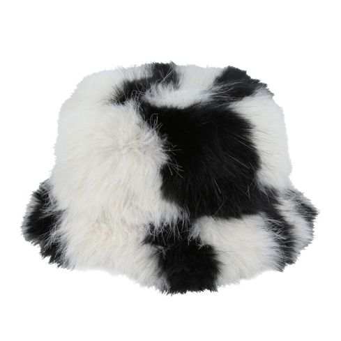 Maz Cow Print Fluffy Faux Fur Bucket Hat - White