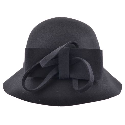 Wool Felt Cloche Hat With Flower at the side - Black