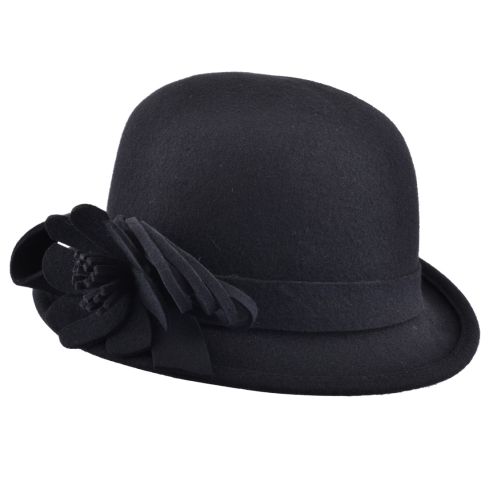 Wool Felt Cloche Hat with Flower - Black