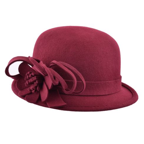 Wool Felt Cloche Hat with Flower - Dark Red