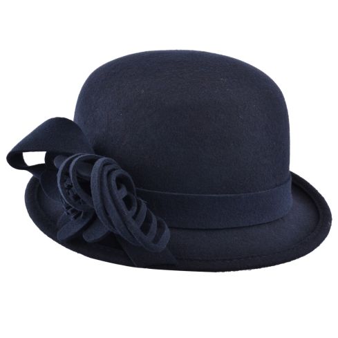 Wool Felt Cloche Hat with Flower - Navy