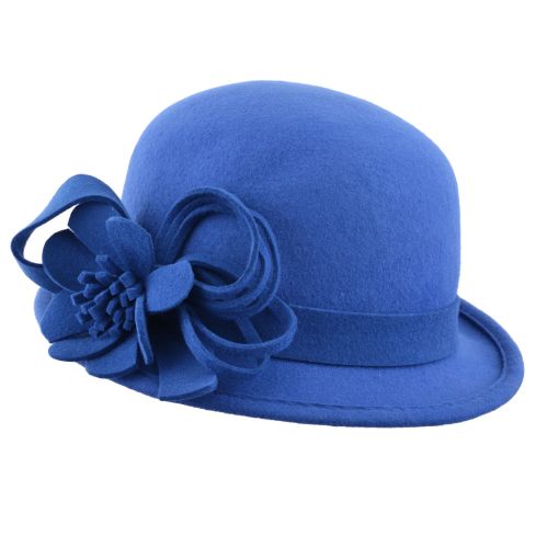 Wool Felt Cloche Hat with Flower - Royal Blue