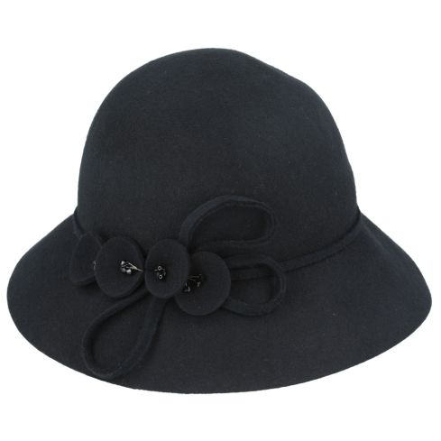 Maz Ladies Chic Vintage Wool Cloche Hat With Flower & Strap belt Around - Black 