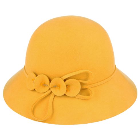 Maz Ladies Chic Vintage Wool Cloche Hat With Flower & Strap belt Around - Mustard
