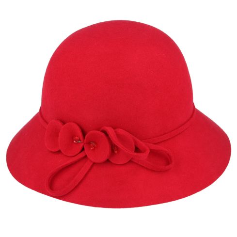 Maz Ladies Chic Vintage Wool Cloche Hat With Flower & Strap belt Around - Red