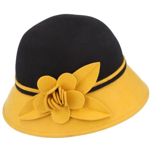 Maz Wool Two Tone Cloche Hat With Flower at the side - Brown/Mustard
