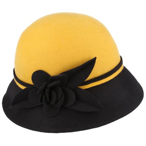 Maz Wool Two Tone Cloche Hat With Flower at the side - Mustard/Brown