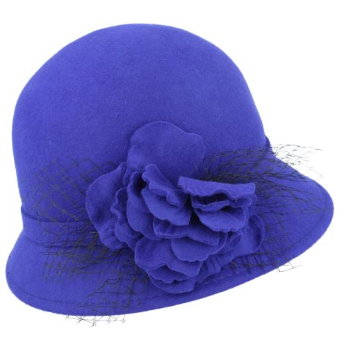 Maz Chic Vintage Wool Cloche Hat With Flower & Mesh Yarn - Royal/Blue