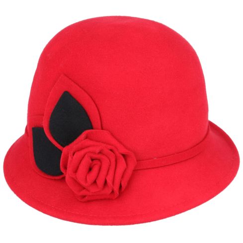 Maz Vintage Wool Cloche Hat With Flower & belt Around - Red