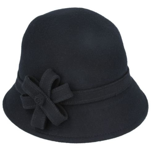 Maz Chic Vintage Wool Cloche Hat With Flower & belt Around - Black 