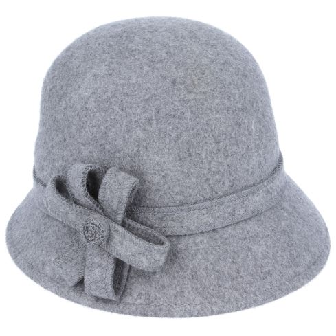 Maz Chic Vintage Wool Cloche Hat With Flower & belt Around - Mix Grey