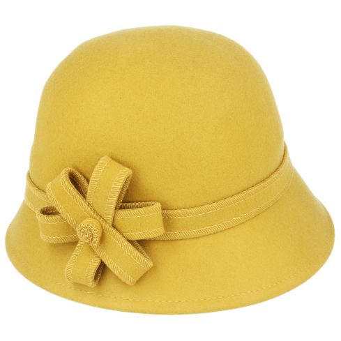 Maz Chic Vintage Wool Cloche Hat With Flower & belt Around - Mustard