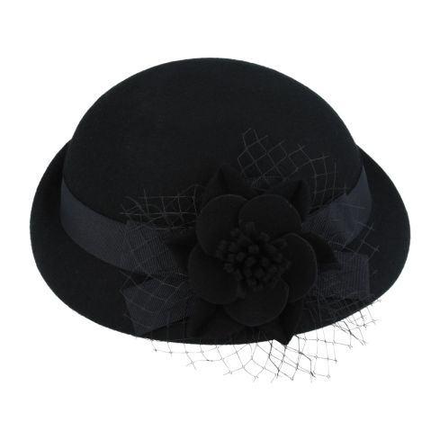 Maz Chic Vintage Wool Cloche Hat With Flower & Mesh Yarn 