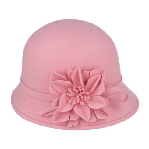 Maz Ladies Chic Vintage Wool Cloche Hat With Flower & Strap belt Around 