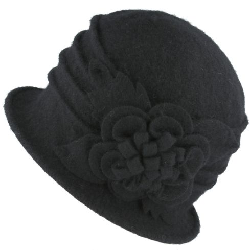Maz Ladies Vintage 1920s Wool Cloche With Fur Bow - Black