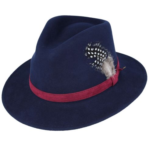 Crushable Wool Felt Fedora hat With Feather Pin - Navy