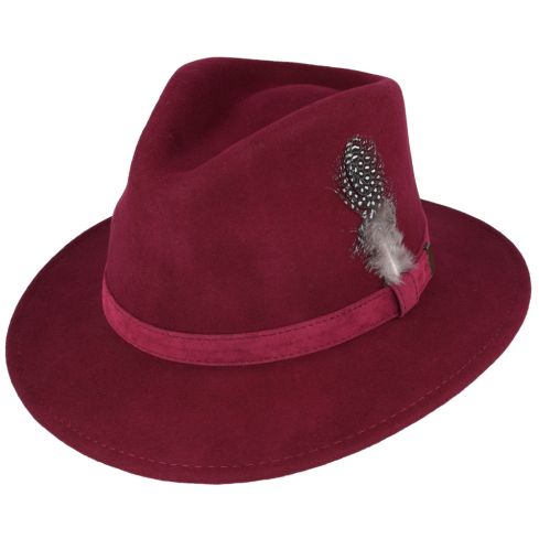 Crushable Wool Felt Fedora hat With Feather Pin - Burgundy