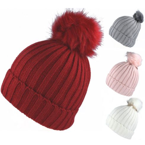 Maz Pom Pom Ribbed Knitted Beanie With Faux Fur - Multi/colors
