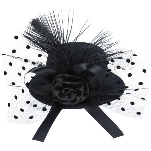 Maz Mini Top Hat Fascinator With Elegant Feather & Bow - Black