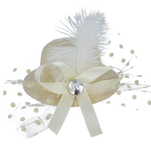 Maz Mini Top Hat Fascinator With Elegant Feather & Diamond - Beige