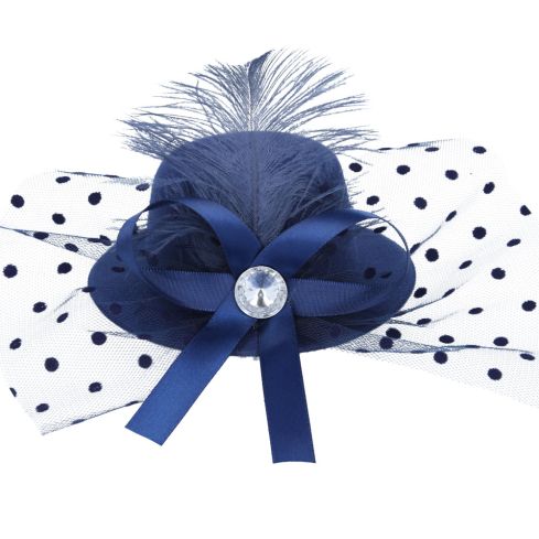 Maz Mini Top Hat Fascinator With Elegant Feather & Diamond - Navy