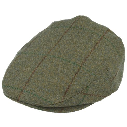 G&H 100% Wool Check Tweed Flat Cap - Olv/Grn