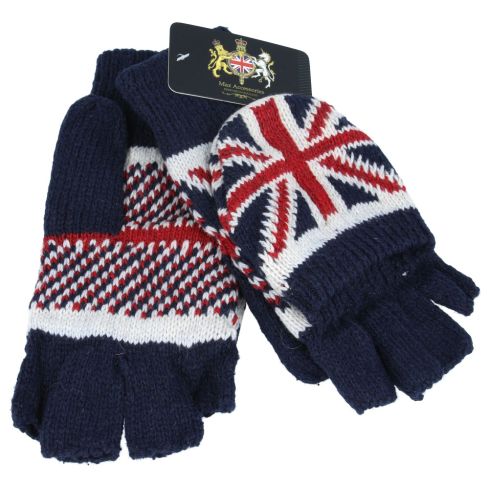 Maz Unisex Union Jack Fingerless Gloves Can Be Worn As Mittens - Blue