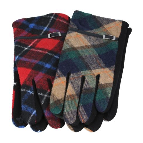 Maz Ladies Tartan Gloves With Touch Screen Soft Warm Lining - Red,Beige