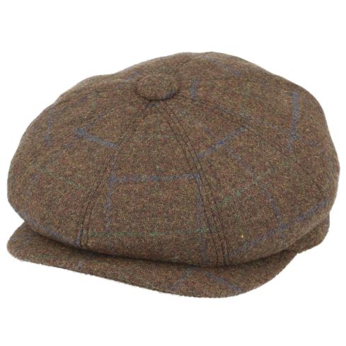 G&H Wool Check Tweed Newsboy Cap With Back Extension - Brown