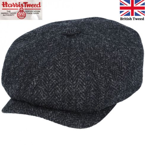 Gladwin Bond Harris Tweed Wool Herringbone Newsboy Cap - Black-Charcoal