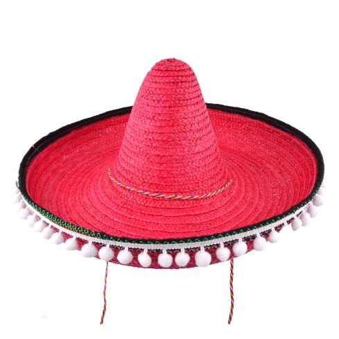 Maz Mexican Sombrero Pom Poms Wild Western Straw Hat - Red